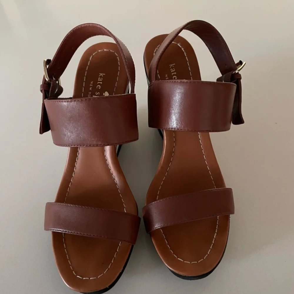 kate spade Brown Leather Striped Wedge Sandals
